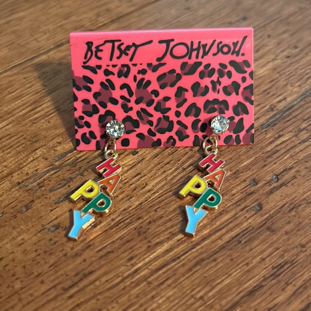 NWT Betsey Johnson Multicolor “Happy” Dangle Studded Earrings - Picture 2 of 6